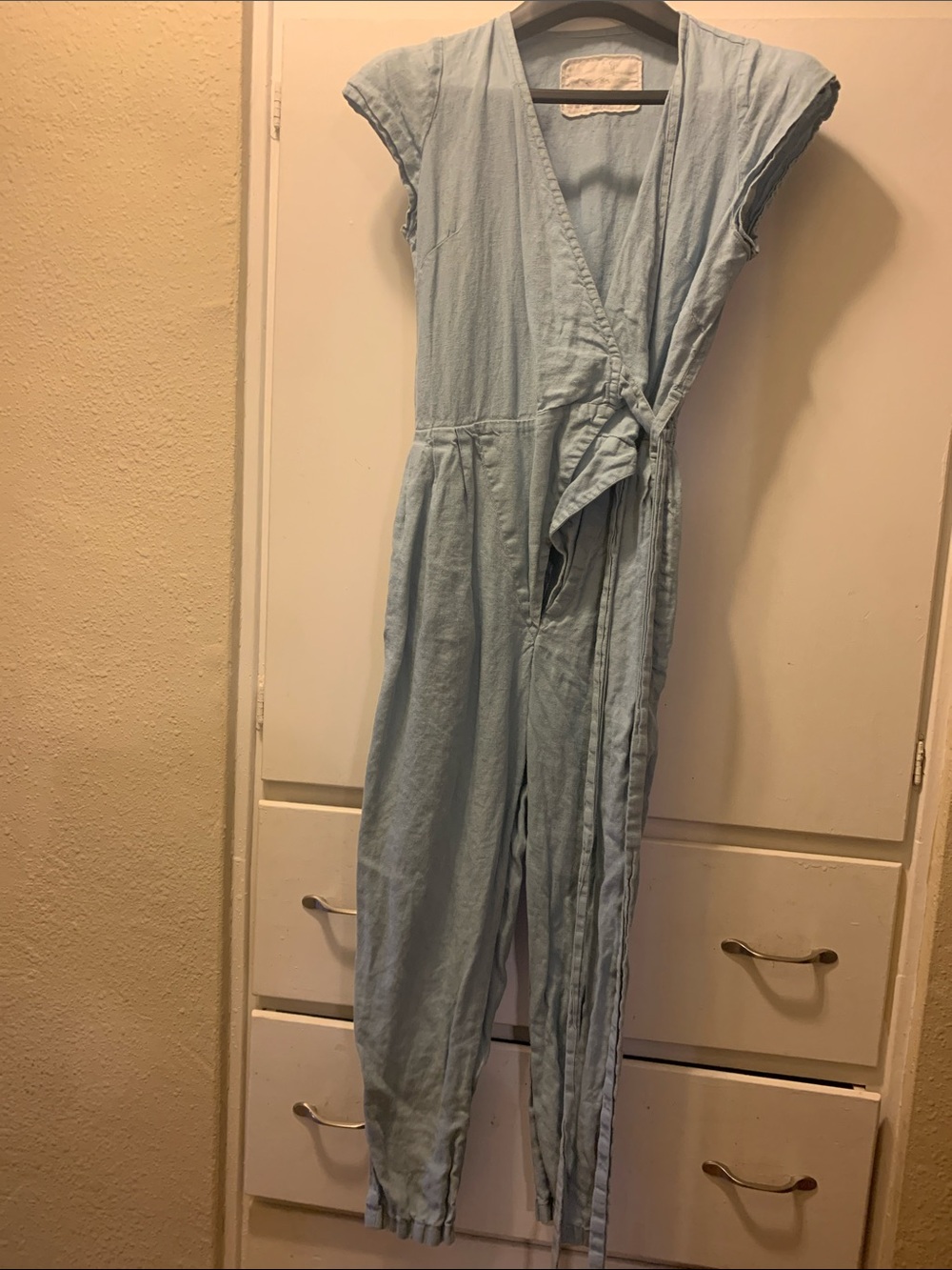 notPERFECTLINEN Pale Blue Wrap Jumpsuit with Tie Waist
